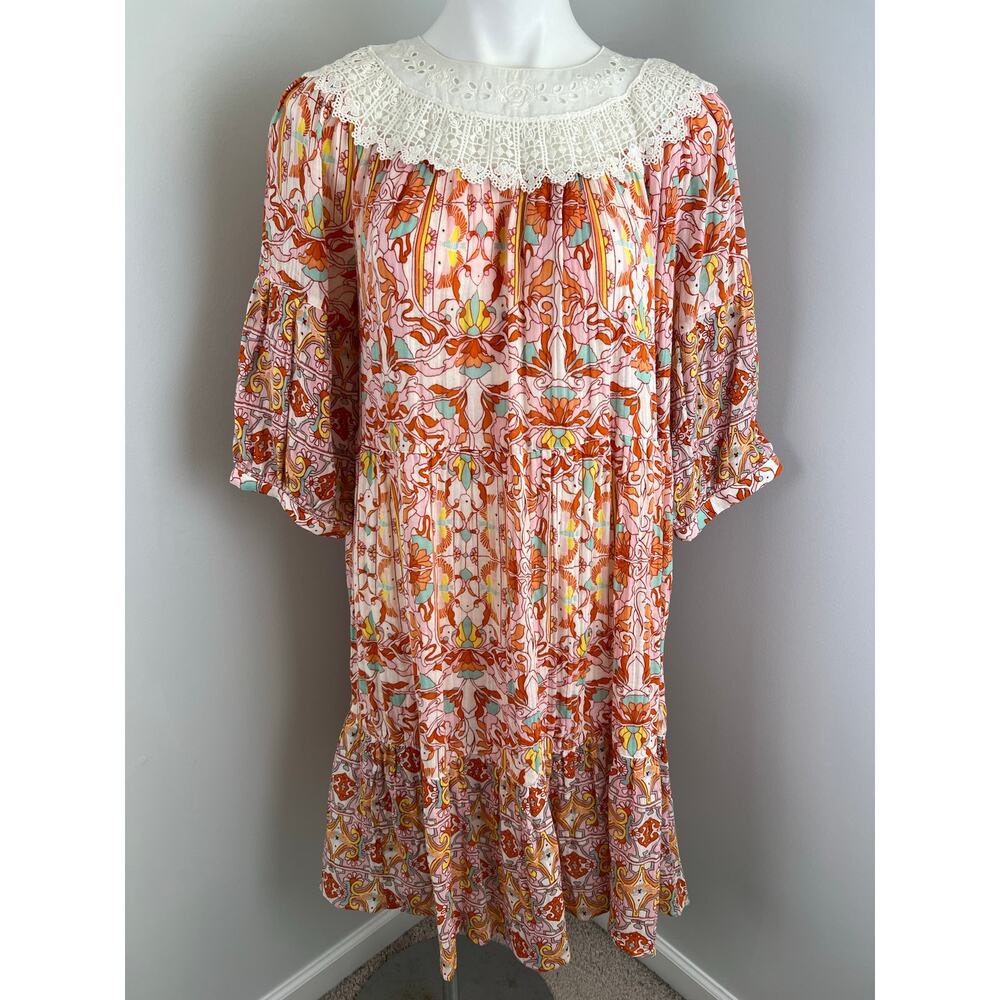 Anthropologie Orange Floral Midi Dress with Cream Lace Yoke